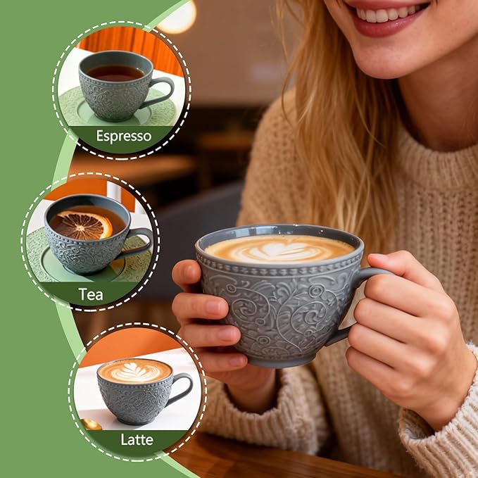 Sophisticated English Afternoon Tea Set, Good for Tea & Latte, Embossed Vintage Cup & Saucer in Slate Grey and Sage Green, 8.5oz Microwave & Dishwasher Safe Stoneware