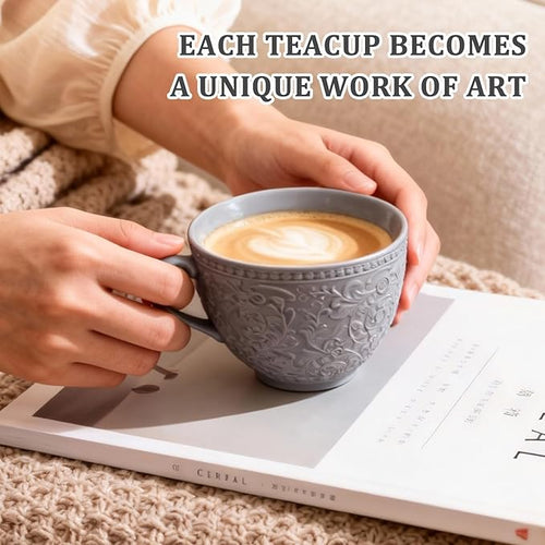 Sophisticated English Afternoon Tea Set, Good for Tea & Latte, Embossed Vintage Cup & Saucer in Slate Grey and Sage Green, 8.5oz Microwave & Dishwasher Safe Stoneware