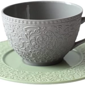 Sophisticated English Afternoon Tea Set, Good for Tea & Latte, Embossed Vintage Cup & Saucer in Slate Grey and Sage Green, 8.5oz Microwave & Dishwasher Safe Stoneware